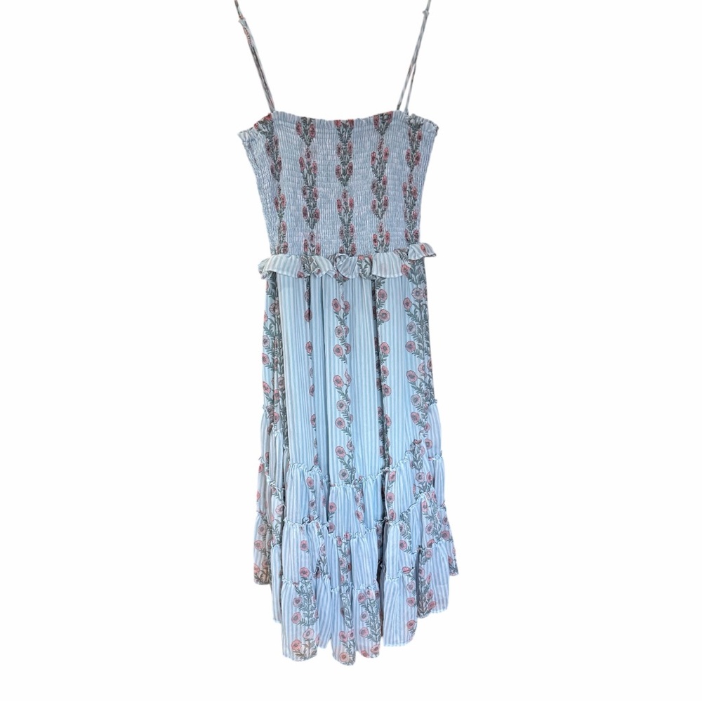 FREE PEOPLE Alejandra Midi Dress Soft Blue Combo Floral Drop waist tiered M - Picture 9 of 16